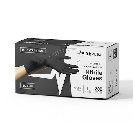 Fifthpulse FMN1004, Disposable Gloves, 4.5 mil Palm, Nitrile, Powder-Free, L, 200 PK, Black FP-N-200-L-BLK-4.5